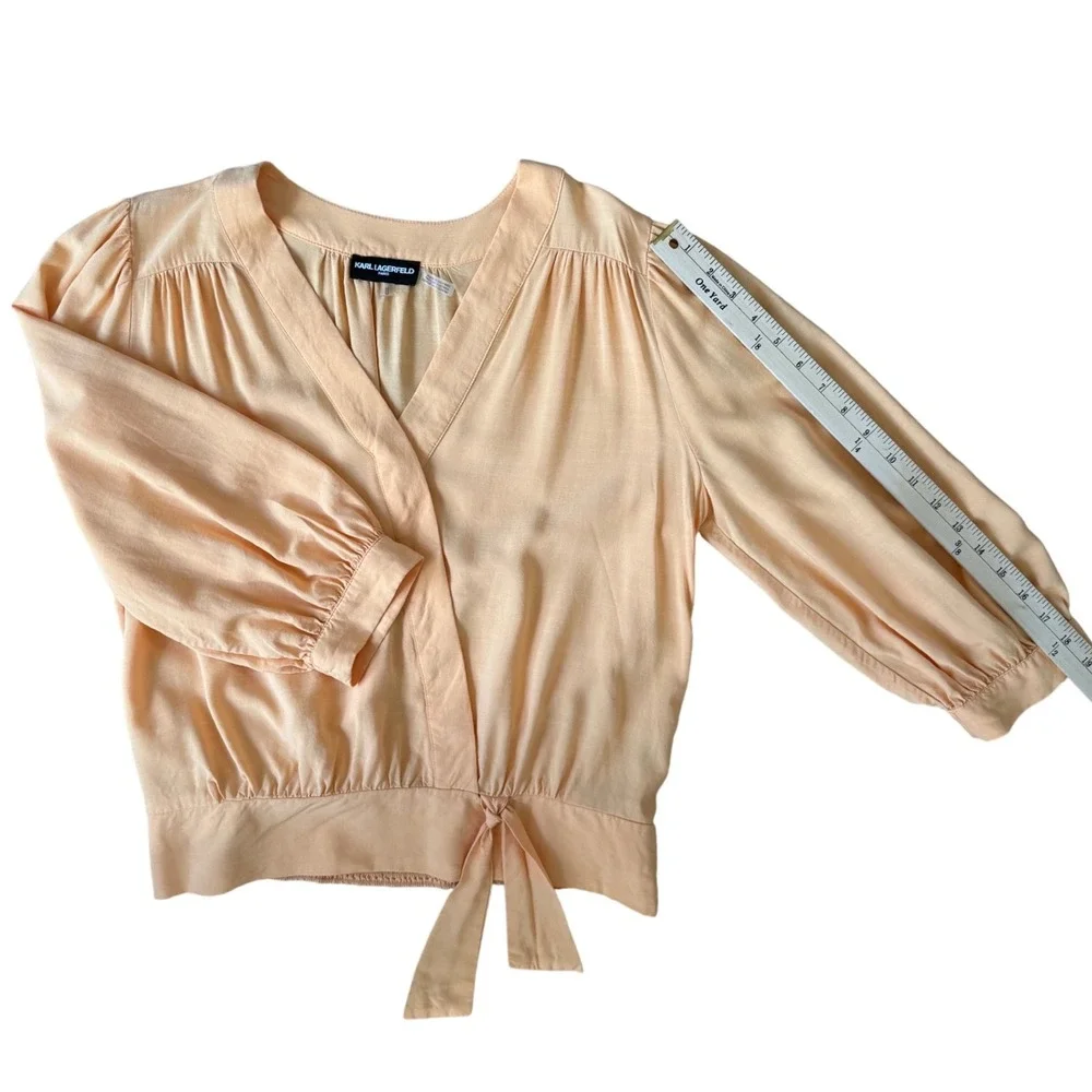 Karl Lagerfeld Paris Peach Wrap Blouse 3/4 Sleeve V-Neck Size M‎ Lyocell Blend